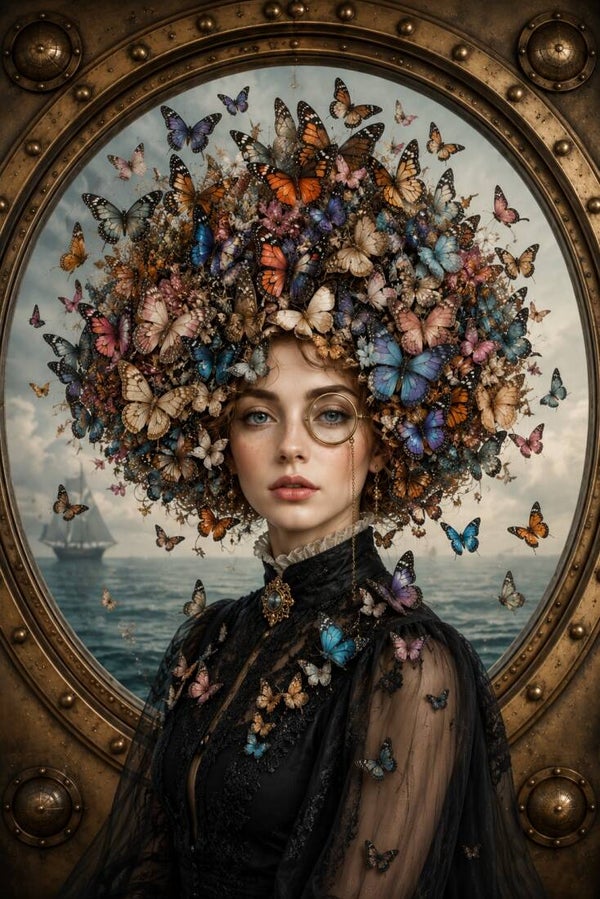 Vlinderkompas – vrouw schilderij met vlinders en vintage elegantie