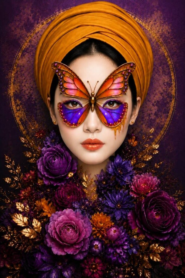 Vlinderkoningin – vrouw schilderij met vlindermasker en paarse bloemen