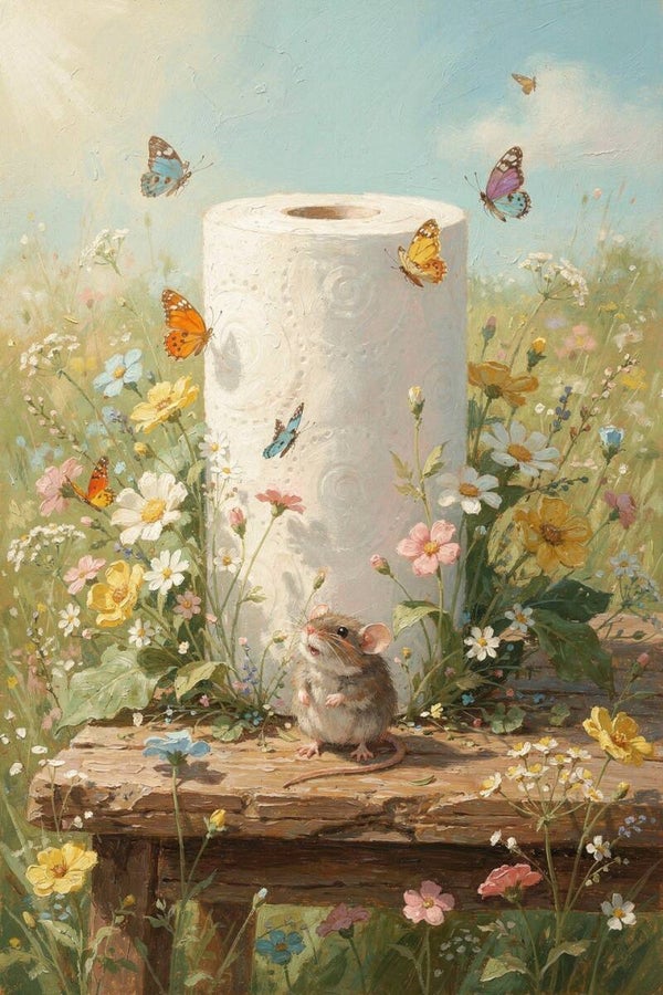 Vlinderlicht – schilderij met muis, keukenrol en veldbloemen