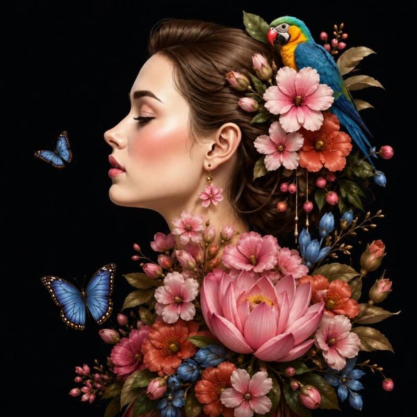 Vlinderliefde & Lotusdroom – vrouw schilderij met lotusbloem, vlinders en papegaai