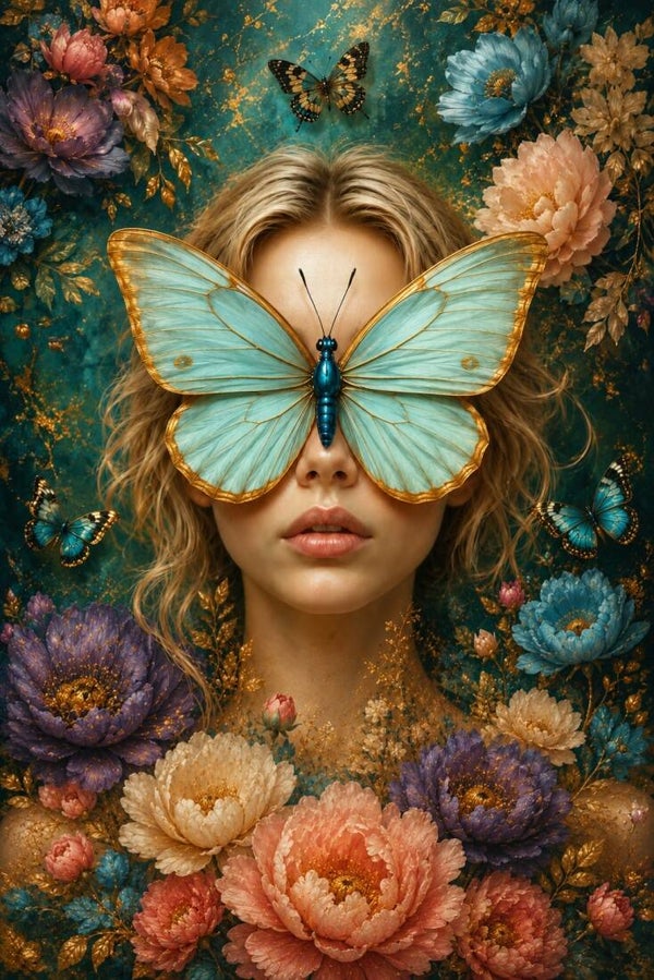 Vlindersluier – vrouw schilderij met blauwe vlinder en bloemen