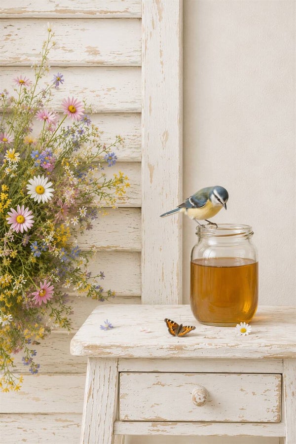 Honing Moment – landelijk vogel schilderij honing bloemen