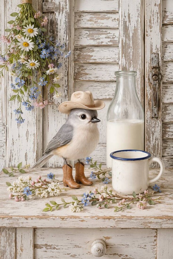 Melk & Laarsjes – landelijk vogel schilderij melkfles cowboy bloemen