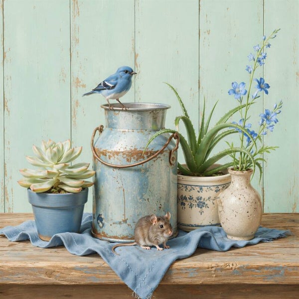 Zacht Blauw Moment – landelijk schilderij vogel muis melkkan bloemen