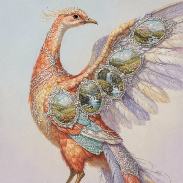 Verhalen in de vleugels – vogel schilderij met dromerige landschappen