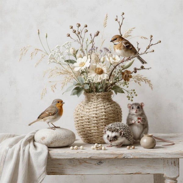 Zacht Samenzijn – landelijk schilderij vogels muis egel bloemen