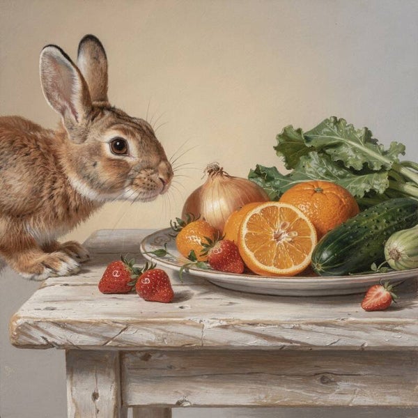 Voor het Eerste Hapje – schilderij met haas en stilleven in landelijke stijl