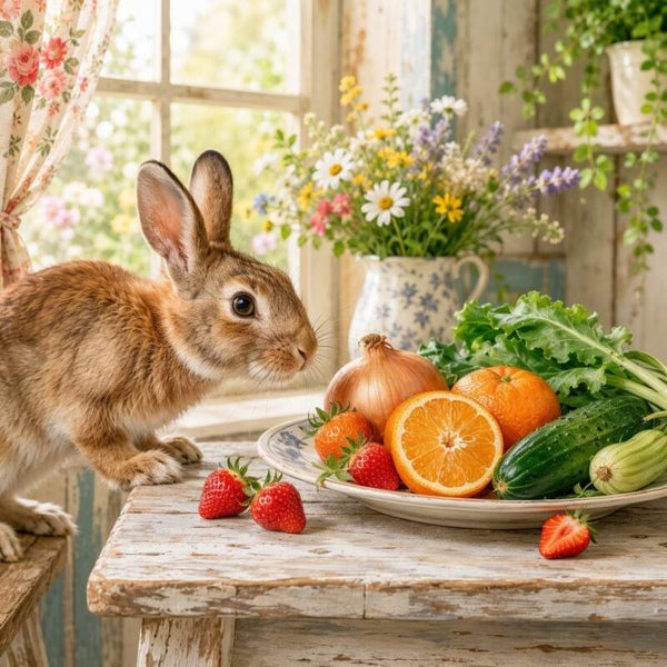 Voor het Eerste Hapje – schilderij met konijn, groenten en fruit op houten tafel
