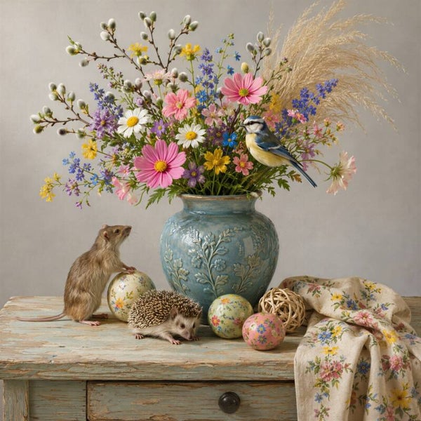 Voorjaar in Bloei – landelijk schilderij egel muis pimpelmees bloemen