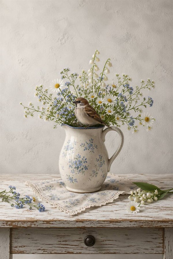Voorjaarsbezoek – landelijk schilderij met mus en veldbloemen