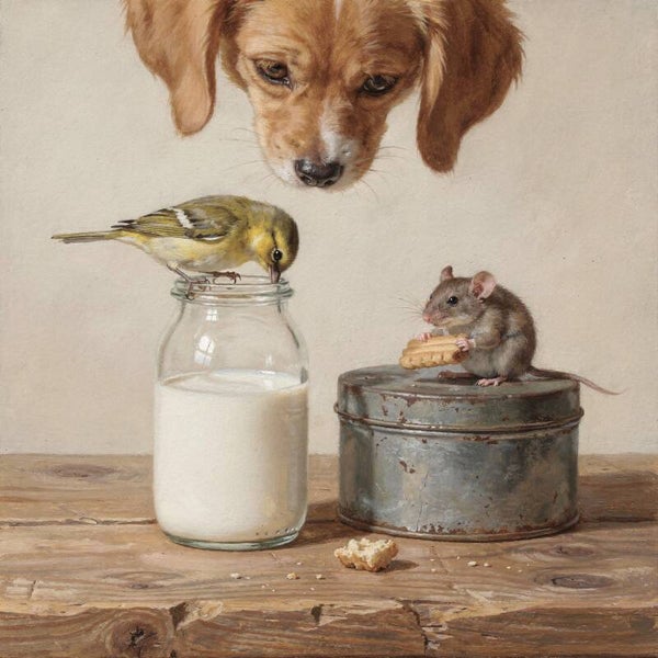 Voorzichtig Gedeeld – schilderij met hond, muis en vogel in landelijke sfeer
