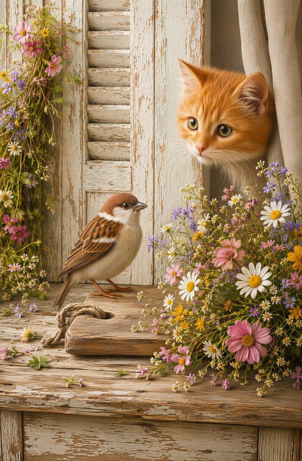 Voorzichtige Ontmoeting – landelijk schilderij kat vogel bloemen