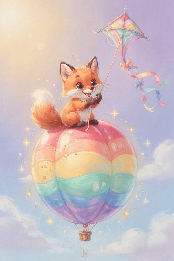 Vosje op regenboog luchtballon – schilderij kinderkamer