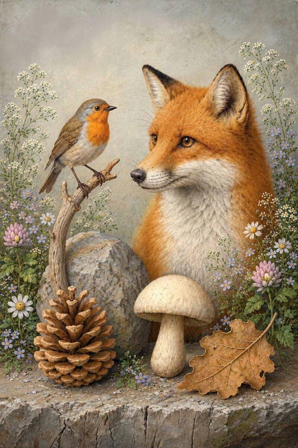 Vossenrust – vos en roodborstje schilderij, landelijke dieren wanddecoratie