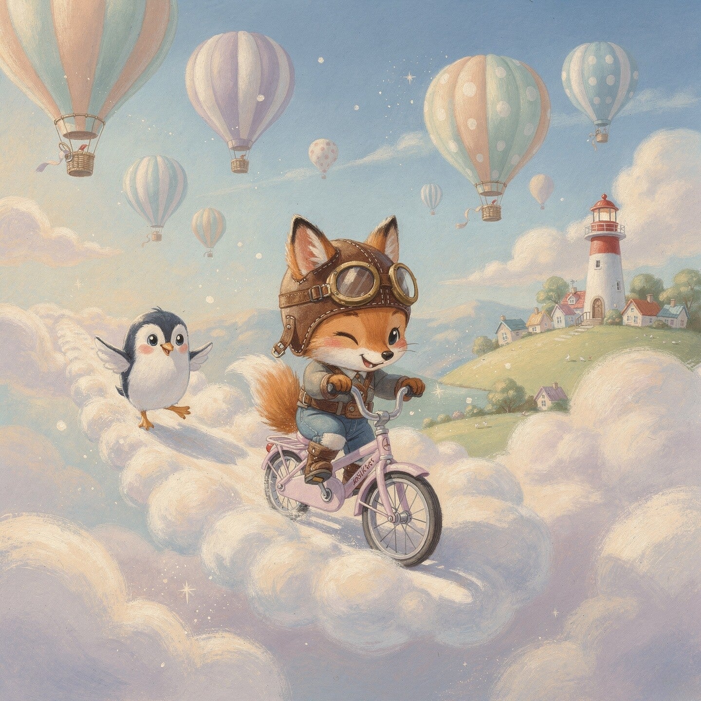 Wolkenrit – vos op fiets kinderkamer schilderij luchtballonnen wanddecoratie