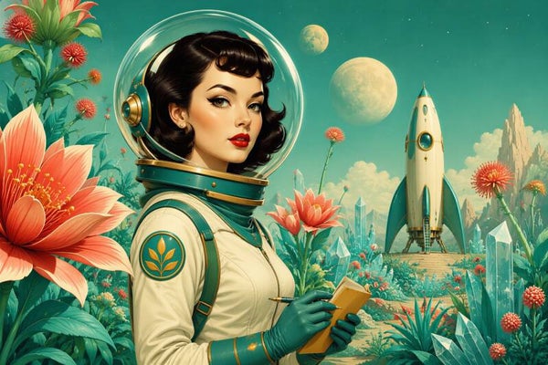 Retro Space Botanist Muse – vintage sci-fi schilderij astronaut met buitenaardse bloemen