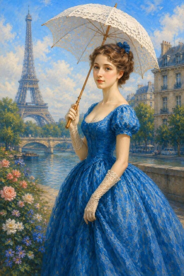 Parijse Serenade – klassiek schilderij van vrouw met parasol in Parijs