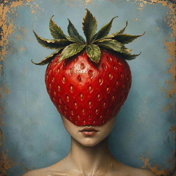 Forbidden Fruit – vrouw met aardbei surrealistische wanddecoratie rood en blauw