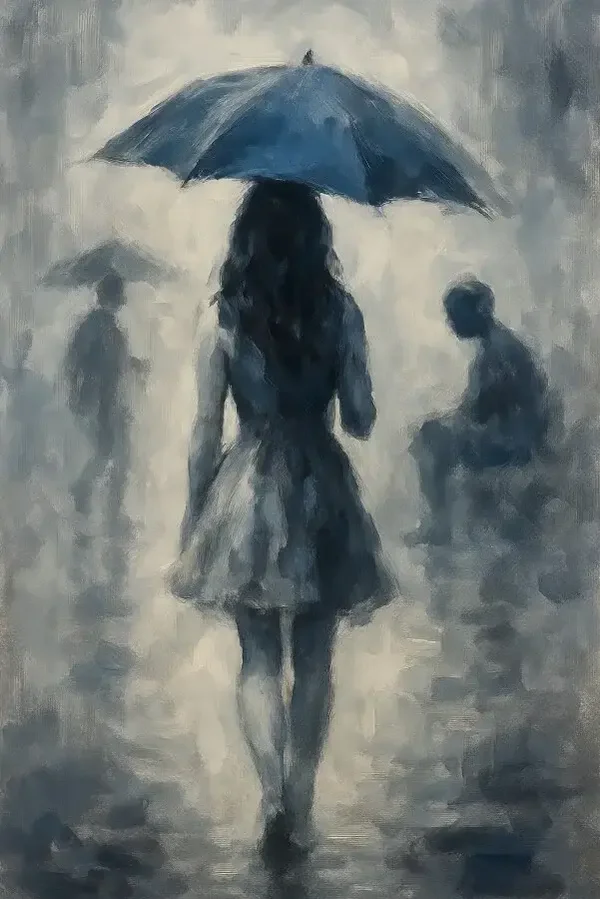 Vrouw met blauwe paraplu – impressionistisch stadsbeeld/🖤 Black Friday
