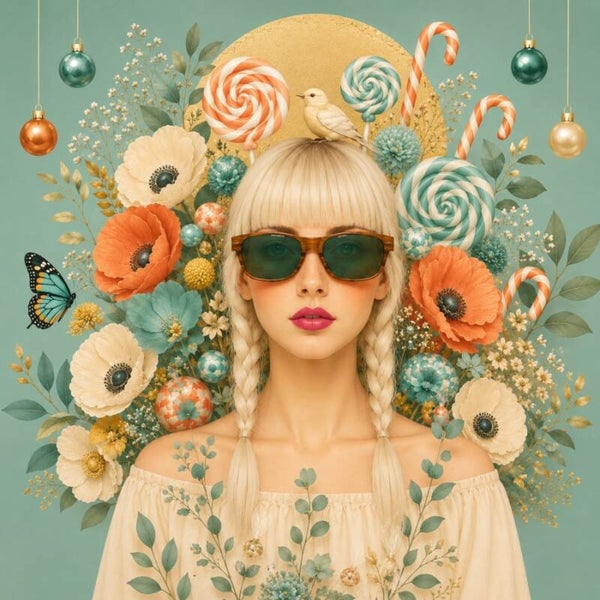 Candy Bloom – Pastel Reverie - vrouw schilderij met bloemen, snoepgoed en vogel