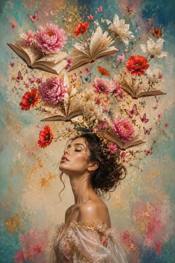 Papieren Bloei – vrouw schilderij met boeken, bloemen en vlinders