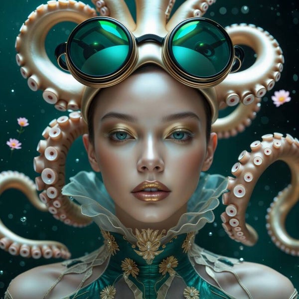Diepzicht – vrouw met duikbril en octopus schilderij