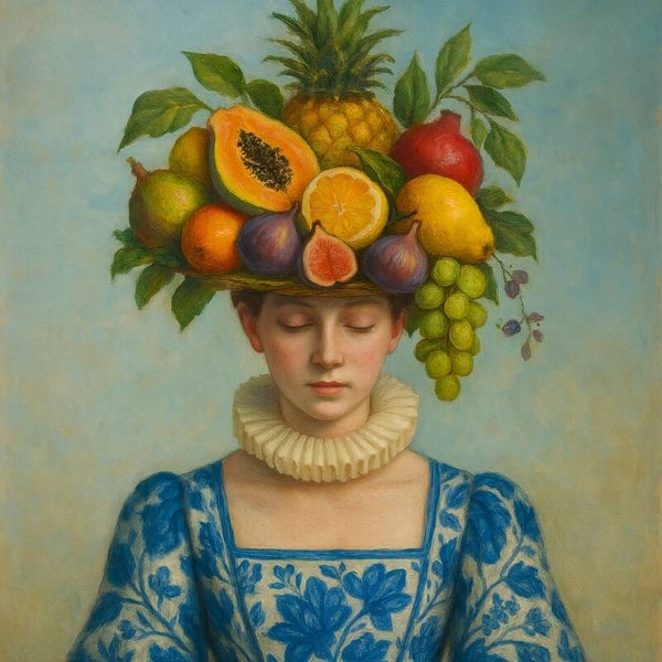 Vrouw met Fruitkroon – Delfts Blauw schilderij met kleurrijke symboliek