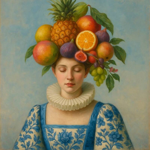 Vrouw met Fruitkroon II – Delfts Blauw schilderij met zomerse zachtheid