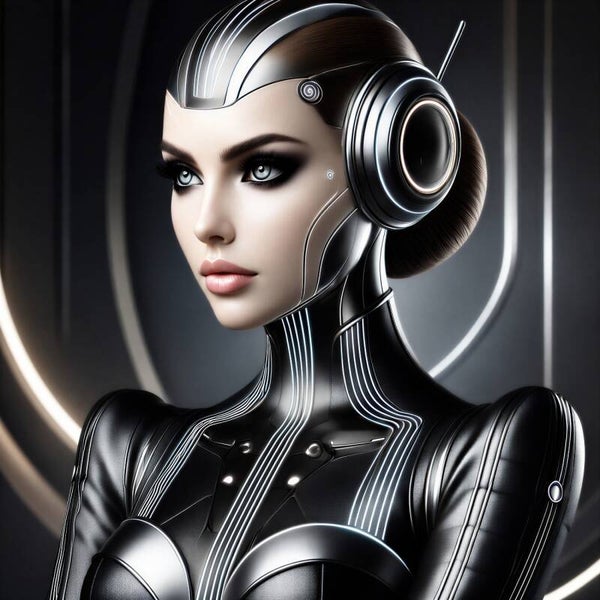 Monochrome Muse – futuristische robot vrouw zwart zilver schilderij