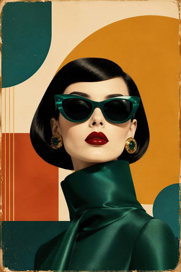Emerald Retro Muse – vintage schilderij vrouw met zonnebril en geometrische vormen