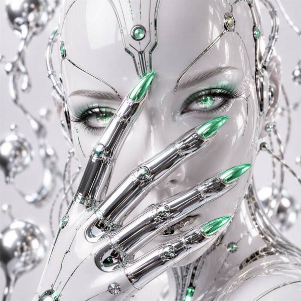 Emerald Touch – futuristische vrouw met groene chromen nagels schilderij