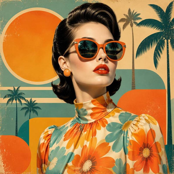 Palm Springs Retro Vibe – vintage pop-art schilderij vrouw met oranje zonnebril en palmbomen