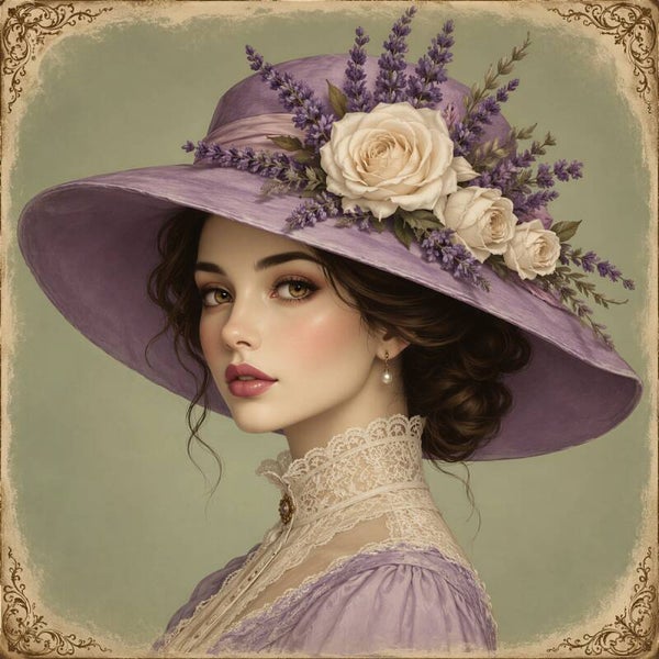 Vintage Lavender Muse – romantisch schilderij vrouw met paarse hoed, lavendel en rozen