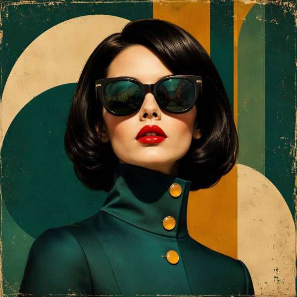 Emerald Sixties Muse – vintage schilderij vrouw met zonnebril en geometrische vormen