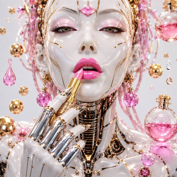 Pink Perfection – futuristische robot vrouw met lipstick schilderij