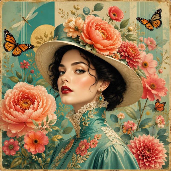Vintage Floral Muse – romantisch schilderij vrouw met strohoed, pioenen en vlinders