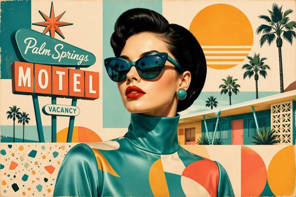 Palm Springs Motel Muse – vintage retro schilderij vrouw met zonnebril en palmbomen
