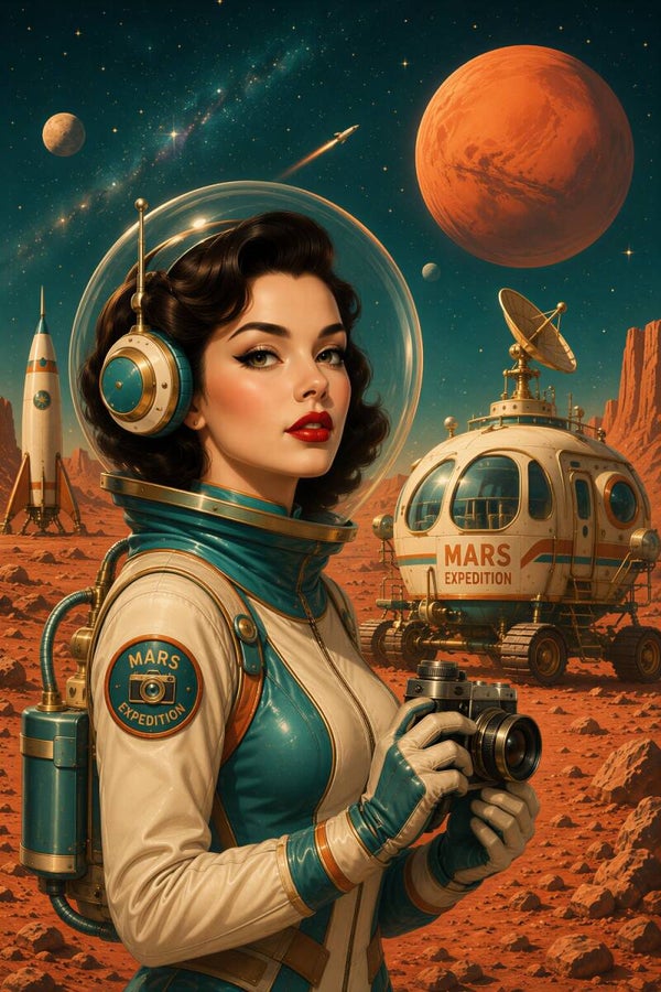 Retro Mars Expedition Muse – vintage sci-fi schilderij vrouw op Mars met raket