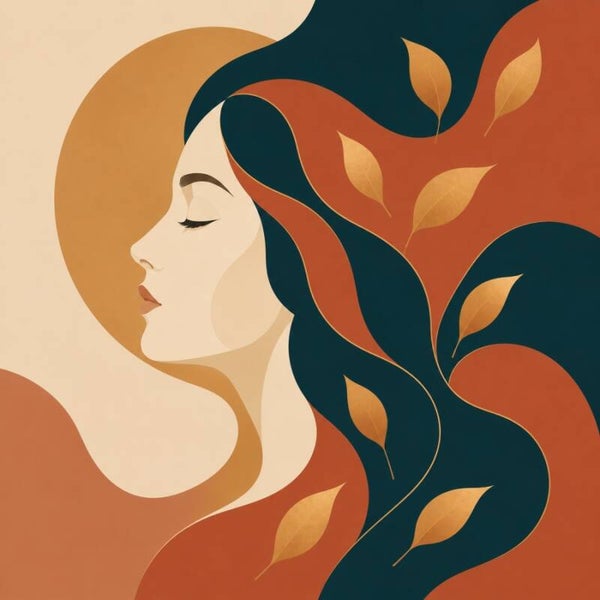 Herfstsilhouet – abstract vrouw schilderij met bladeren in terracotta en petrol