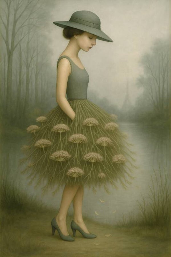 Echo of Stillness – Vrouwelijk Portret met Rok van Gedroogde Berenklauw