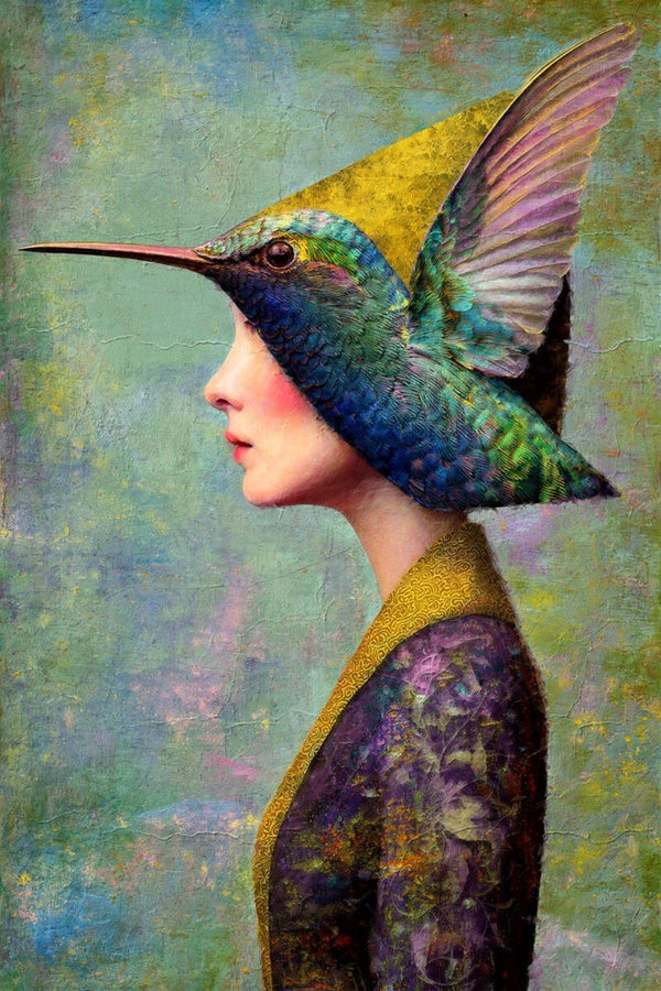 Kolibrie van Droomlicht – surrealistisch vrouw schilderij met kolibrie