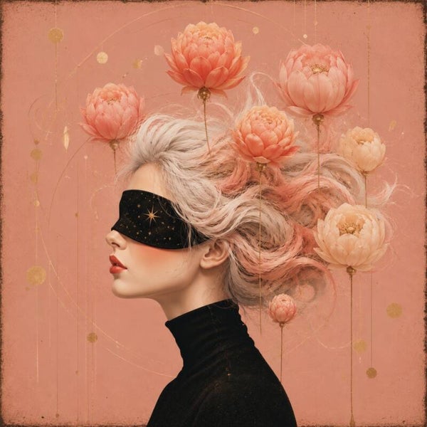 Roze Stilte – vrouw schilderij met bloemen en blinddoek