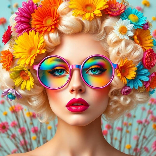 Solaria Bloomfire – Vrouw schilderij met bloemen en kleurrijke bril