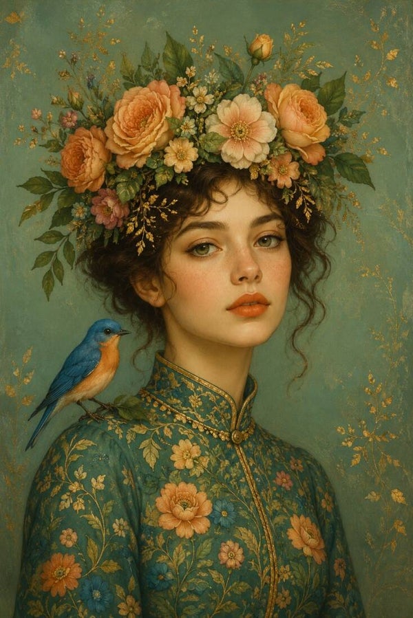 Bloemengeluk – vrouw schilderij met bloemenkrans en blauw vogeltje