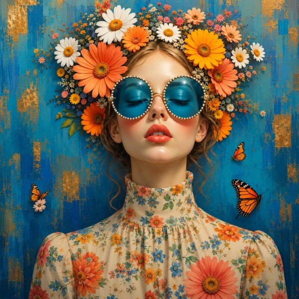 Zomerbries & Bloemenkracht – vrouw schilderij met bloemen en vlinders