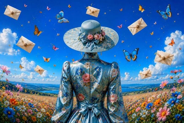 Brieven aan de Horizon – vrouw schilderij met bloemenveld en vlinders