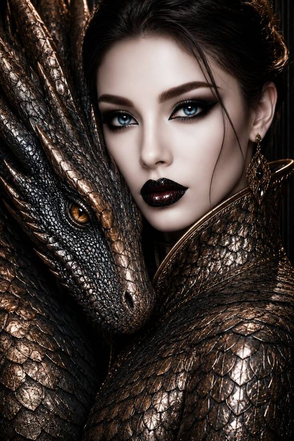 Drakenbond – vrouw schilderij met draak in zwart en brons