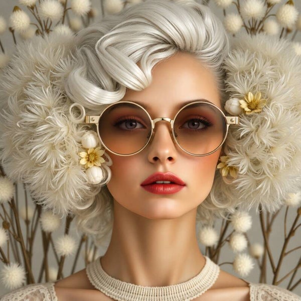 Velvette Bloomie – Vrouw schilderij met gouden bril en pluizige bloemen