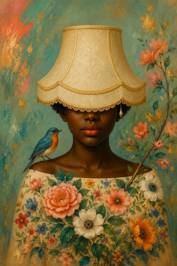 Lichtkapgeheim – vrouw schilderij met lampenkap, bloemen en vogeltje
