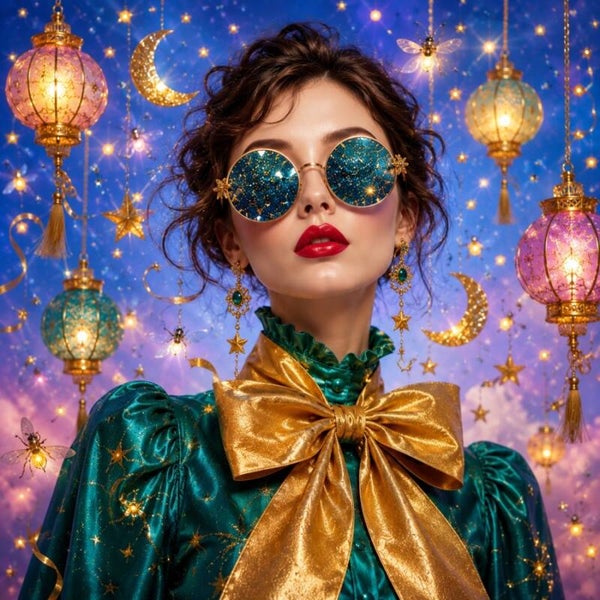 Sterrenlicht – vrouw schilderij met lantaarns en maan